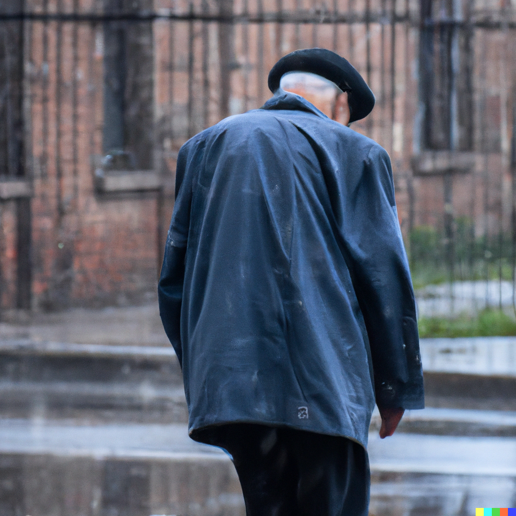 Senior with dementia walking alone outdoors in the rain, wearing a GPS tracker