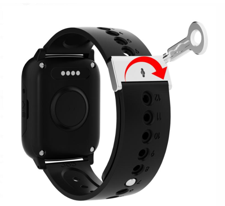 Lockable smartwatch band showing child-proof locking mechanism with key