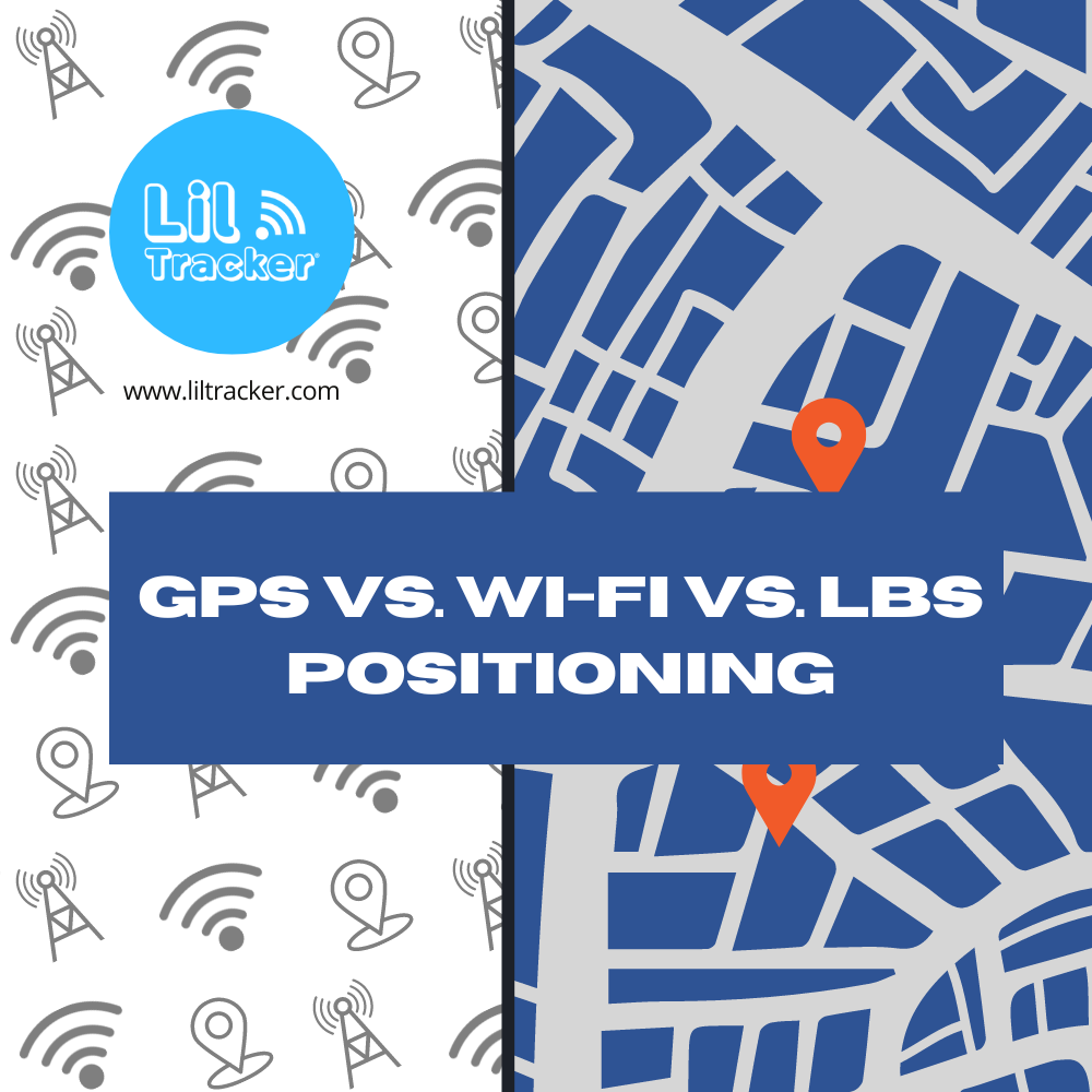 wi-fi symbol, cell tower, GPS pin on left side and map on right side. The difference between GPS, Wi-Fi, and LBS positioning in relation to GPS tracking devices and smartwatches.