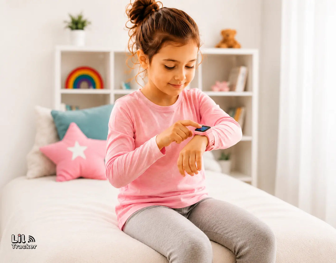 Autistic child comfortably wearing a GPS safety watch