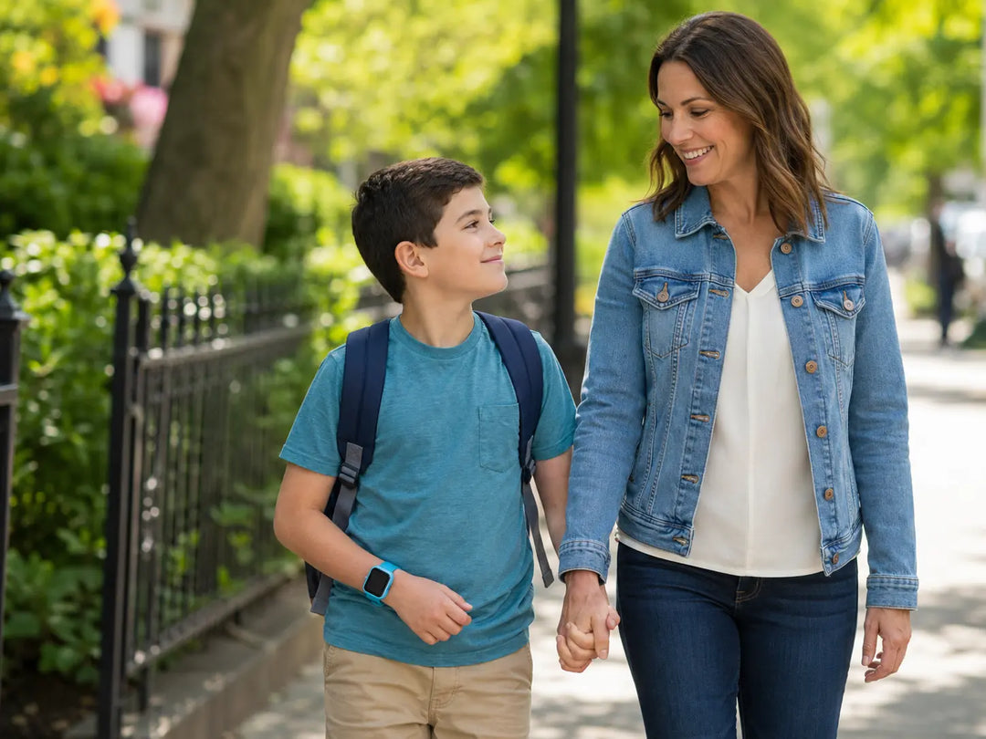 Parent and child walking together while the child wears a blue Lil Tracker GPS watch