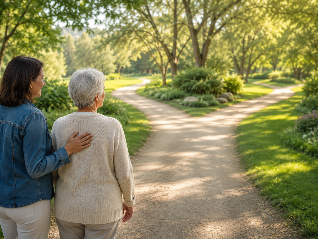 Caregiver standing beside an older woman as they look toward a forked path in a sunny park, representing the choice between a GPS watch and GPS pendant for seniors