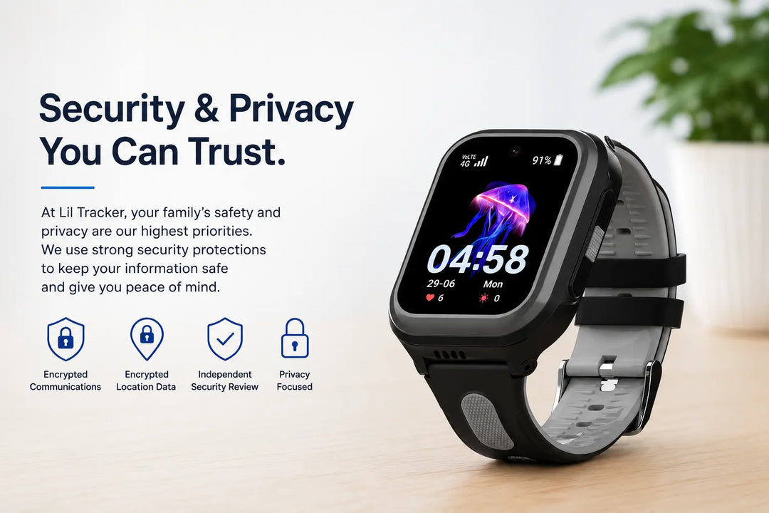 Lil Tracker GPS smartwatch representing security, privacy and encrypted location data protection.