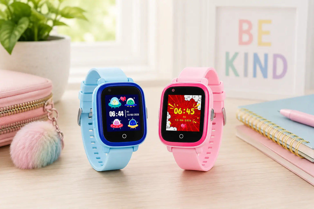 Blue and pink Lil Tracker kids GPS watches displayed on a bright desk for a child GPS tracker buying guide.