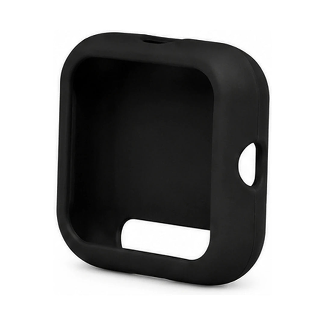 Black silicone case for a smartwatch on a white background