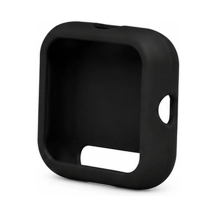Black silicone case for a smartwatch on a white background