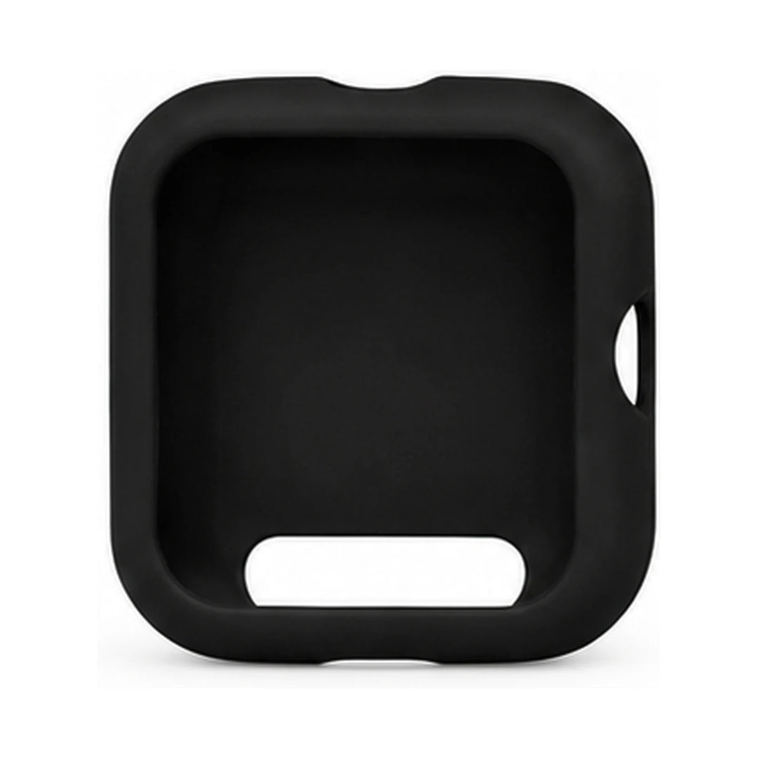 Black silicone case for a smartwatch on a white background