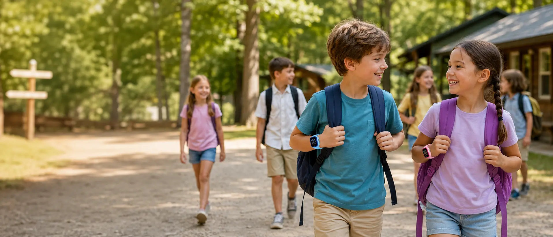 Kids wearing Lil Tracker GPS watches while arriving at camp