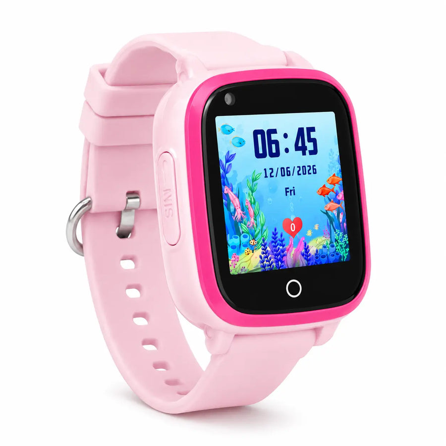 Pink children's smartwatch with a colorful underwater-themed display on a white background