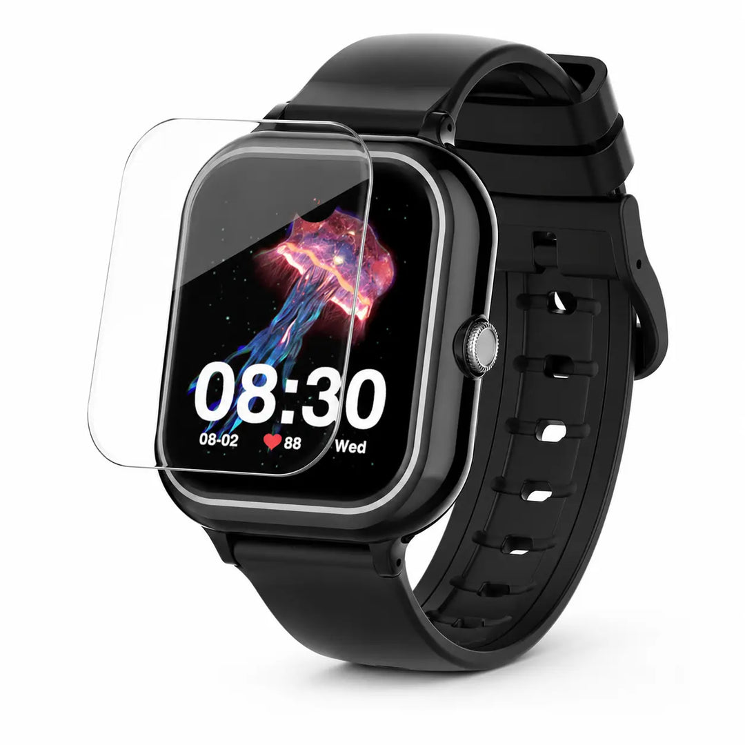 Black smartwatch with a screen protector on a white background